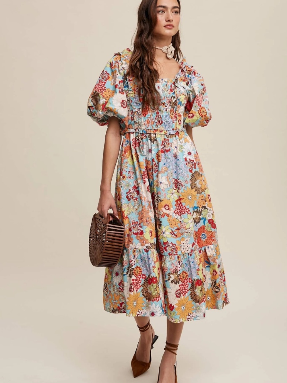 NWT Vintage Vibes Flower Print midi Dress - Picture 3 of 5